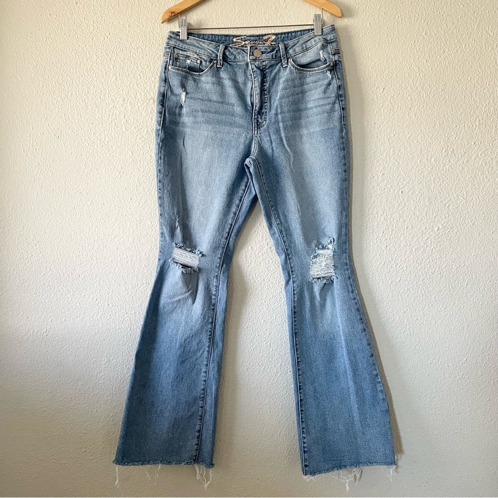 Seven7 Slim Flare Jeans Women’s 10 Blue Light Wash High Rise Ripped Boho Stretch